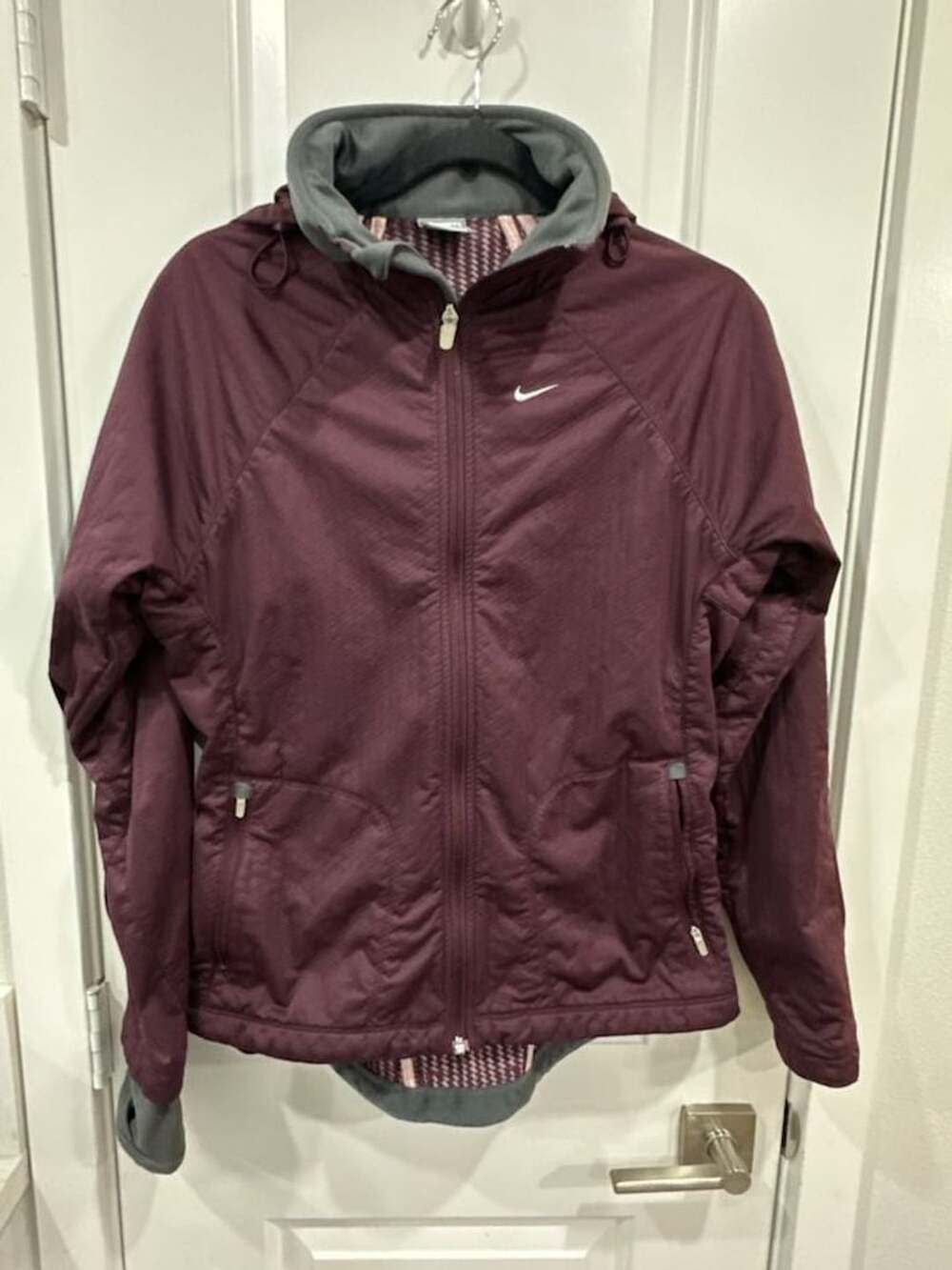Nike Women's Burgundy Full-Zip Hooded Athletic Jacket with Gray Accents